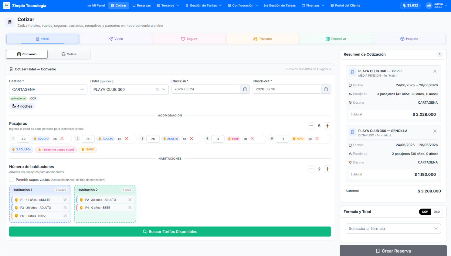 Turismo Zimple — cotizador multiservicio, captura real del sistema